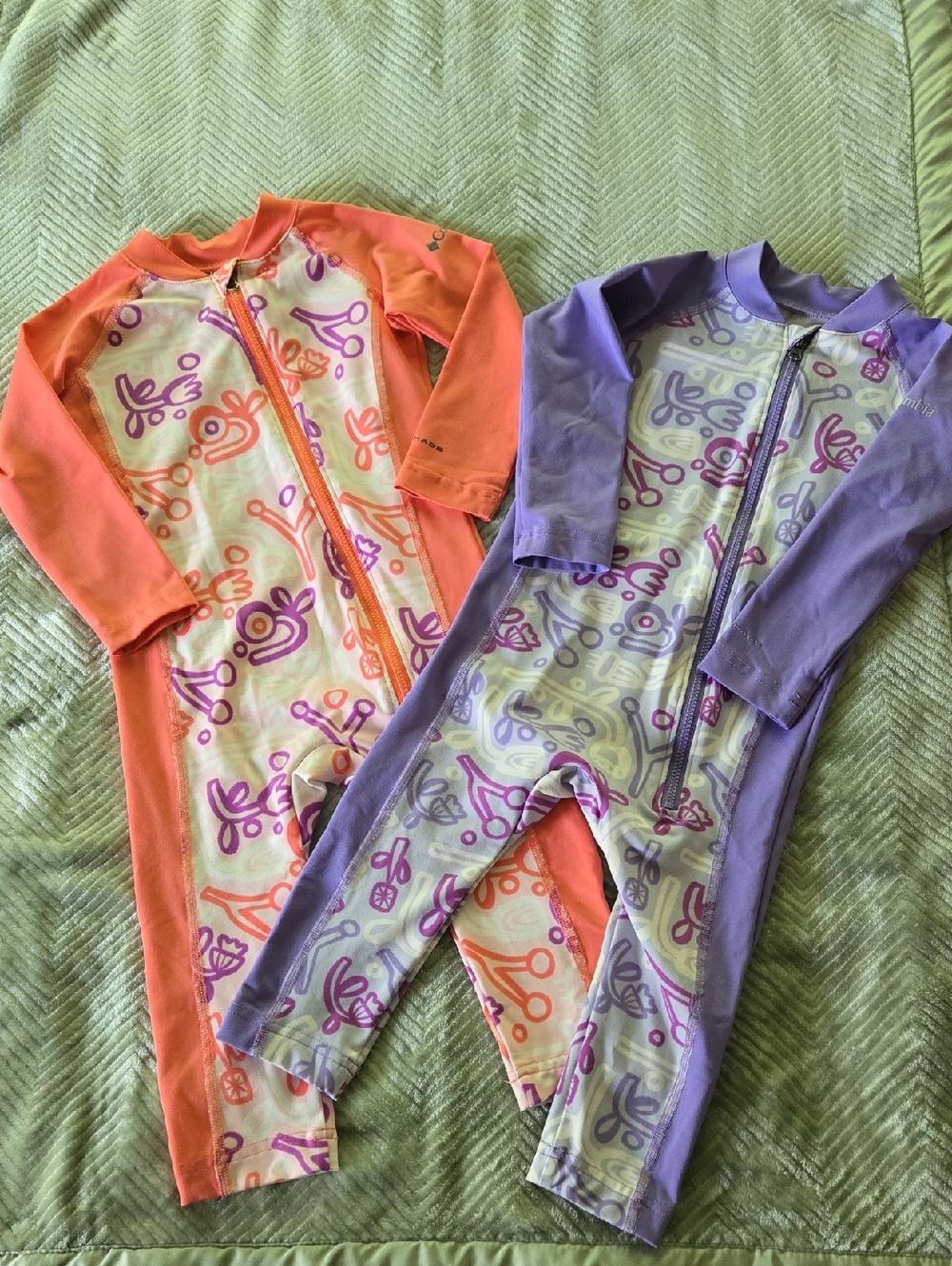 Columbia Zip-Front Rash Guard Sunsuits - Orange & Purple Bundle Of 2